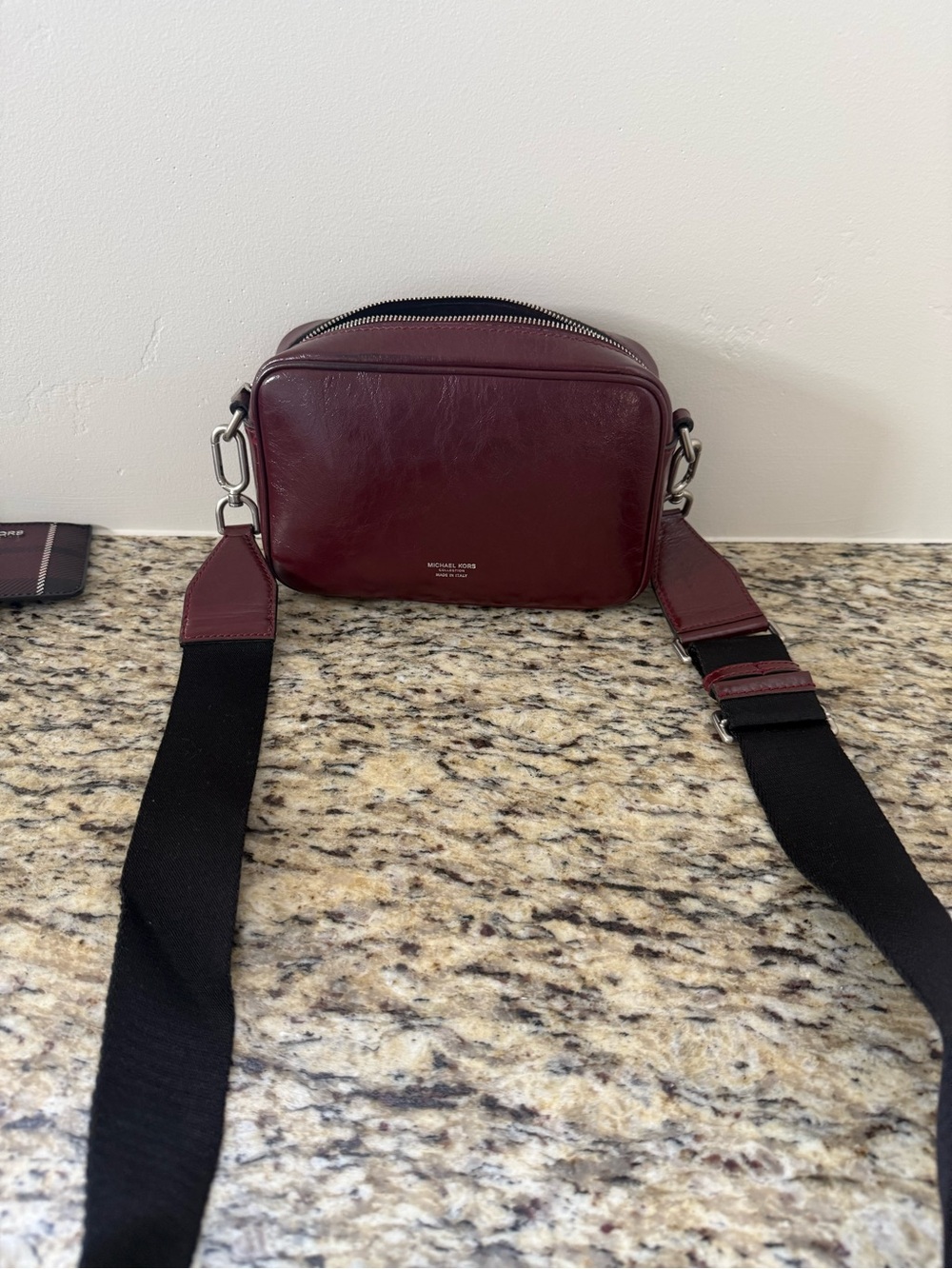 Michael Kors Collection Burgundy Leather Crossbody with Silver MK Emblem - Picture 2 of 4